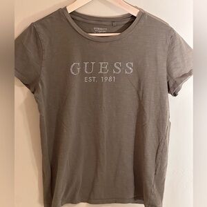 Guess Rhinestone Logo Tee Organic Cotton Olive XS